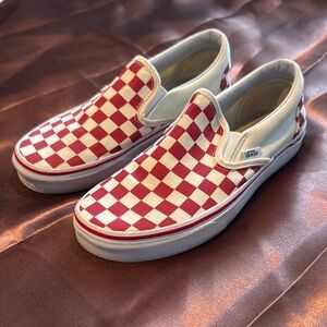 Vans Red and Cream Checkered Slip-On Sneakers
